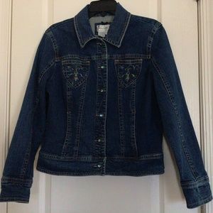 Live a Little, Embroidered blue denim jacket, jewel tone buttons